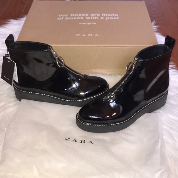 SOLD ‼️‼️‼️Zara Women Flat faux patent ankle boots - Picture 2 of 4
